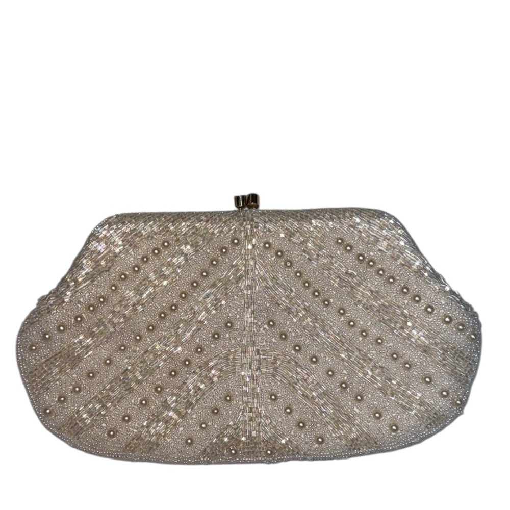 Vintage Beaded Pearl Clutch Wedding Evening Bag Art Deco Satin Lined Gold Chain